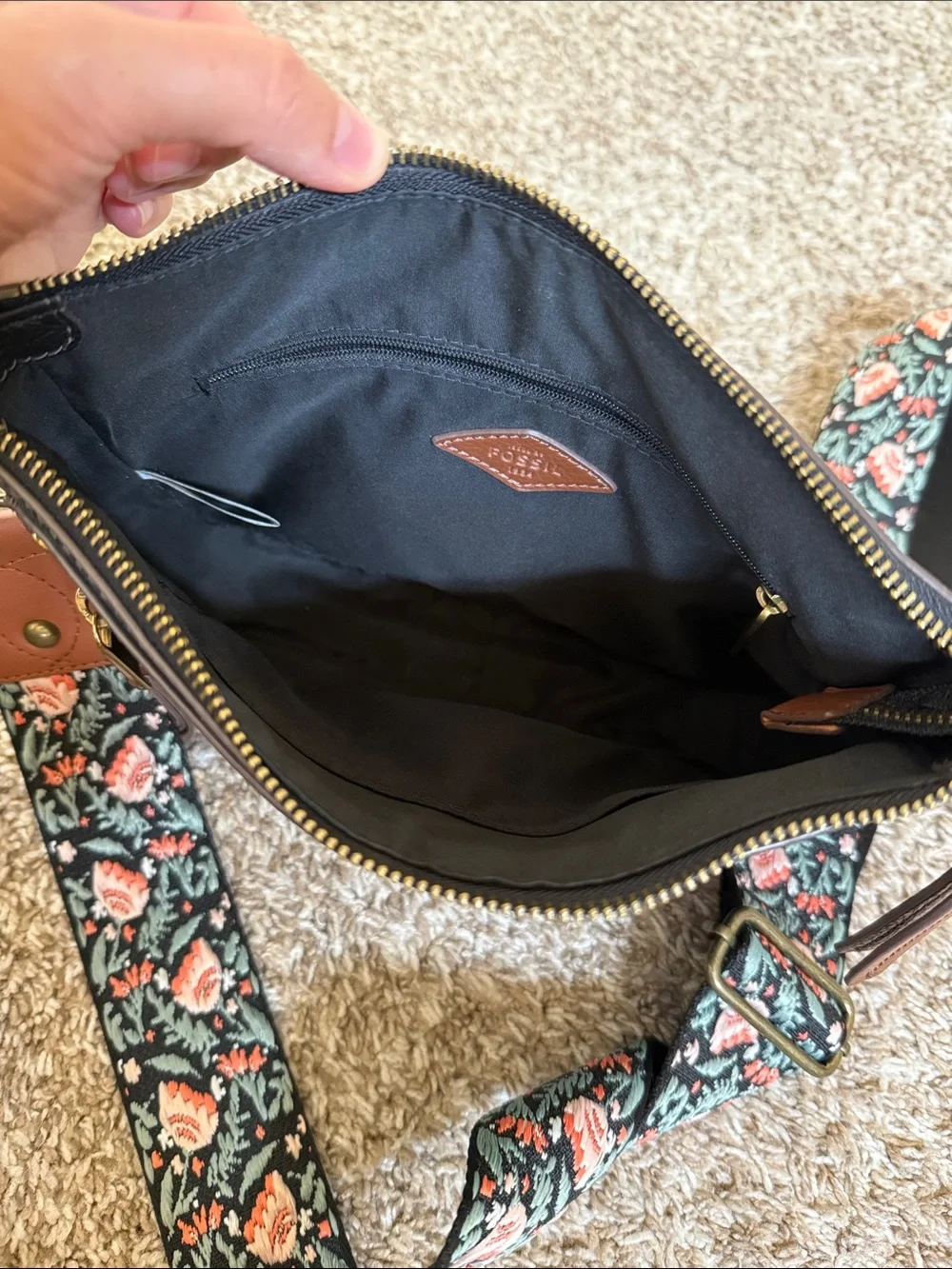 FOSSIL Leather Crossbody Bag Floral Strap